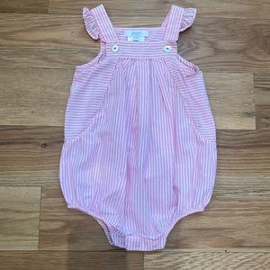 Jacadi pink and white striped ruffle sleeve bubble with snaps, size 12 months